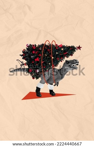Artwork magazine picture of wild claws dinosaur holding x-mas tree isolated drawing background