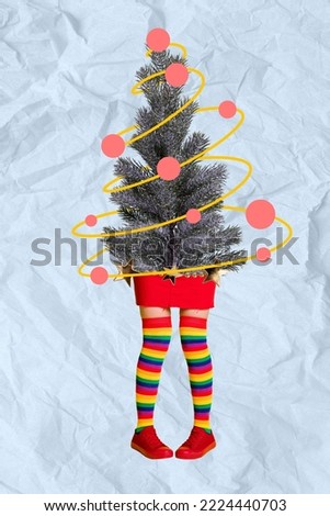 3d retro abstract creative artwork template collage of funky funny xmas tree walking lady legs isolated painting background