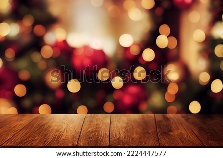 wooden table and Christmas lights in background