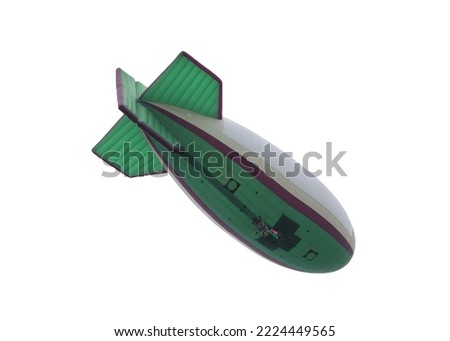 An unknown airship, an invisible airship flying in the blue sky. Close-up of an aircraft similar to a zeppelin, unmarked, isolated on a white background. Royalty-Free Stock Photo #2224449565