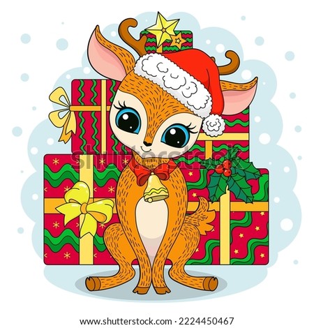 Cute little reindeer in Santa's hat and gifts.Winter, Christmas and New Year theme. For the design of prints, posters, postcards, stickers, etc. Vector