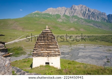 Beautiful amazing day summer in mountains. Dargavs - City of dead. North Ossetia Alania wilderness. Inspiring unique leisure. Great nature view.