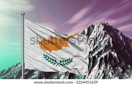 Cyprus national flag cloth fabric waving on beautiful mountain background.