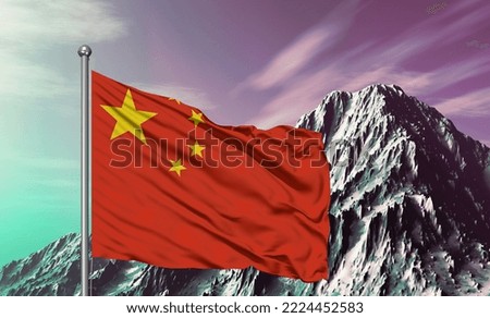 China national flag cloth fabric waving on beautiful mountain background.