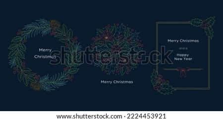 Christmas Decoration Frame, Design Material Set, color line drawing on navy background.