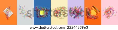 Collection of colorful rubber bands and office supplies on color background