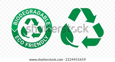 Biodegradable recyclable icons, organic bio package vector leaf and arrow label. Plastic free, biodegradable eco safe, recyclable and bio degradable package stamps Royalty-Free Stock Photo #2224455659