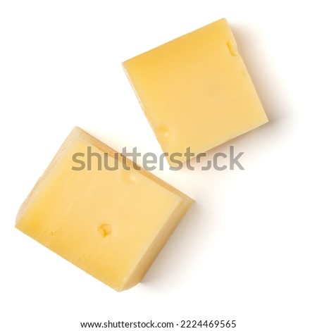 maasdam cheese cubes isolated on white background close up, top view Royalty-Free Stock Photo #2224469565