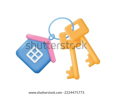Keys with keychain house. Home Protection, security, real estate, property insurance and buying concept. Vector icon illustration isolated on white background.