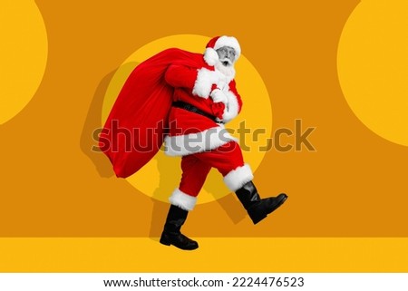 Creative photo 3d collage artwork poster postcard picture of saint nicholas go carry gifts children isolated on painting background
