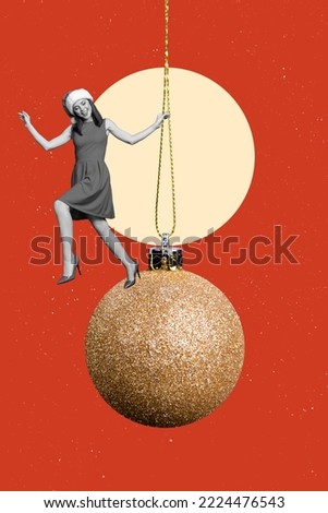 Vertical creative collage photo of positive carefree beautiful nice girl swing on christmas ball toy isolated on red color background