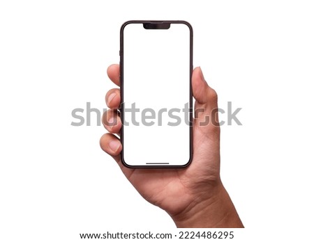 Mockup phone hand - clipping path , black smartphone blank screen and modern frameless design, hold Mobile phone on transparent background Ideal for marketing  Royalty-Free Stock Photo #2224486295