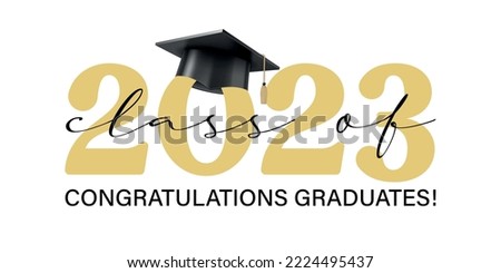 Vector illustration. Class of 2023 badge design template in black and gold colors. Congratulations graduates 2023 banner sticker card with academic hat for high school or college graduation Royalty-Free Stock Photo #2224495437