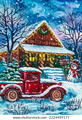 Christmas. Vintage red pickup truck. American house. Funny Snowman. Cold winter season with snow. Watercolor painting. Acrylic drawing art. A piece of art.