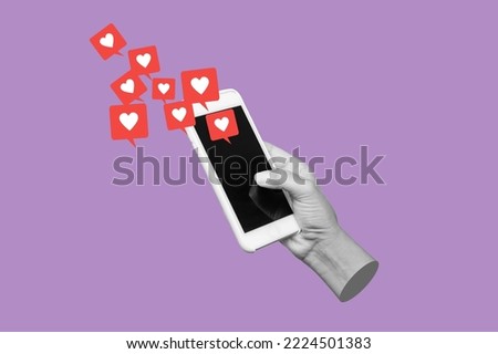 Female hand holds white mobile phone with black blank screen with like symbols from social networks on purple color background. 3d trendy collage in magazine style. Contemporary art. Modern design Royalty-Free Stock Photo #2224501383