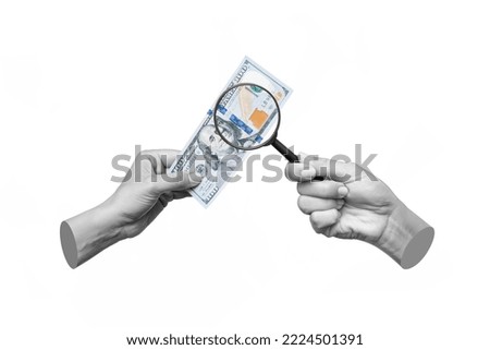 Female hand holds hundred-dollar cash banknote enlarged with a magnifying glass isolated on a white background. Trendy 3d contemporary art. Modern design. Verification of the authenticity of money