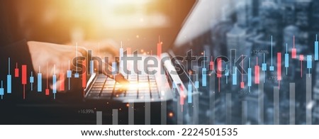 businessman hand type on the laptop of company profit with colleagues partner explain with virtual dashboard statistic chart stock infographic, graphs, cryptocurrency, and new trading platforms Royalty-Free Stock Photo #2224501535
