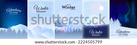 Vector illustration. Flat cartoon winter landscape. Design elements for poster, book cover, brochure, magazine, flyer, booklet.