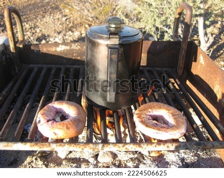 Campground Breakfast Bagel and Coffee on the Grill