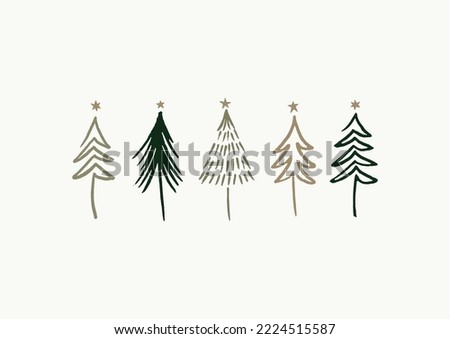 Set of Hand Drawn Abstract Linear Christmas Trees. Simple Vector Illustration Ideal for Holiday Greeting Cards.