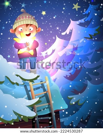 Cute little boy holding a star on the roof of house at winter night. Childhood Christmas dreams, stargazing in forest. Winter stars and forest cartoon for kids. Vector artistic illustration.