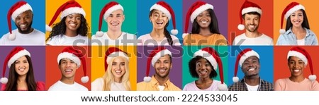 Multicultural group of happy young people beautiful men and women having New Year 2023 party, wearing red santa hats, smiling on colorful studio backgrounds, mosaic of photos, collage