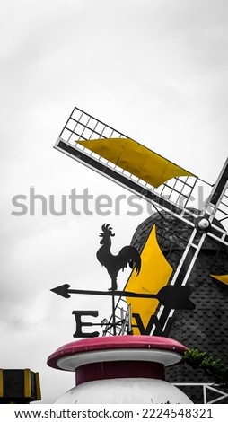 directions with the symbol of a rooster and a windmill