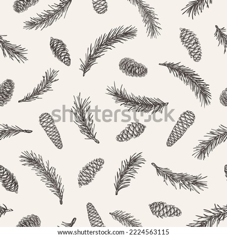 Botanical seamless pattern with fir branches and cones. Christmas background. Winter ornament for packaging, textiles, wallpaper. Vector vintage illustration. Black and White. Sketch. 