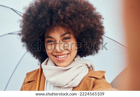 Woman, selfie closeup and umbrella in rain, water or drizzle in portrait, happiness and smile. Black woman, hair or afro beauty with parasol for protection from elements, climate or storm while happy