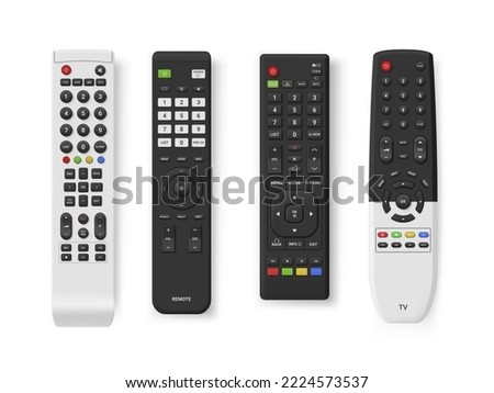 TV remote control device different shape set realistic vector illustration. Television technology channel surfing equipment with buttons distance media keyboard communication controller technology Royalty-Free Stock Photo #2224573537