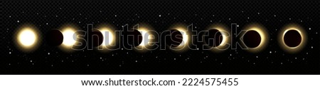 Solar eclipse in different phases. Cosmos with moon and sun in total and partial solar eclipse and stars isolated on transparent background, vector realistic illustration Royalty-Free Stock Photo #2224575455