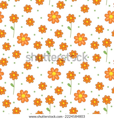 Seamless background with cute orange flowers. Spring daisies, delicate decoration for packaging. Vector illustration in minimalistic flat style, hand-drawn. Print for textiles