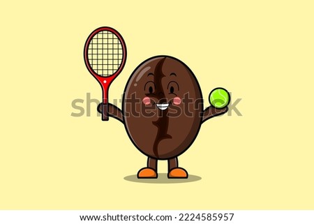 Cute cartoon Coffee beans character playing tennis field in flat cartoon style illustration