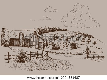 Rural scenery. Meadow, alkali, lye, grassland, pommel, lea, pasturage, farm. Rural scenery landscape panorama of countryside pastures. Vector sketch illustration Royalty-Free Stock Photo #2224588487
