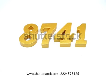   Number 8741 is made of gold-painted teak, 1 centimeter thick, placed on a white background to visualize it in 3D.                               