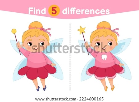 Find differences.  Educational game for children. Cartoon vector illustration of cute tooth fairy with a magic wand in her hands.
