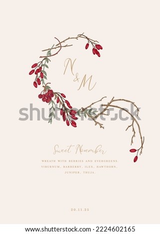 Invitation card with floral wreath. Asymmetrical.  Winter berries. Colorful.