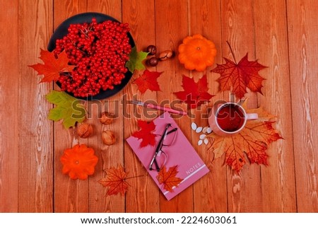 Still life with pumpkin - Pattinson.A notebook with a fountain pen, a glass of tea. Glasses for vision.Red viburnum berry, cranberry.Chicory root.Nuts.Autumn maple leaves.On a wooden background 