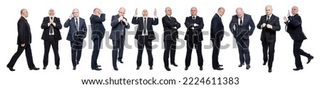 A set of images of a bald man in a black formal suit in various poses. Business, success and failure. Isolated on a white background. Panorama format. Royalty-Free Stock Photo #2224611383