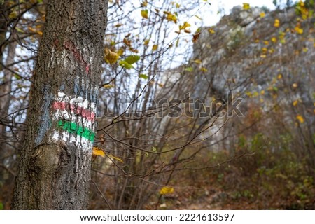 Hiking trail signs in red in autumn forest