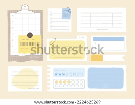 memo template. A collection of striped notes, blank notebooks, and torn notes used in a diary or office. Royalty-Free Stock Photo #2224625269