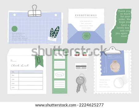 memo template. A collection of striped notes, blank notebooks, and torn notes used in a diary or office. Royalty-Free Stock Photo #2224625277