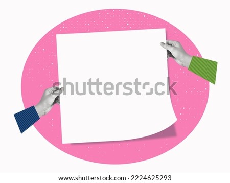 Modern art collage with human hands holding paper for advertising and information poster. Advertising concept. Symbolism and Surrealism. Bright background with copy space. Royalty-Free Stock Photo #2224625293