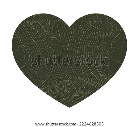 Green heart vector symbol with textured topographic contours. Isolated on white background