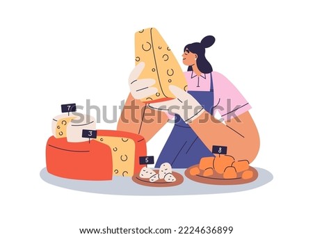 Cheesemonger tasting gourmet cheese, smelling delicatessen. Woman foodie during degustation of different sorts, cheddar, maasdam, brie on boards. Flat vector illustration isolated on white background Royalty-Free Stock Photo #2224636899