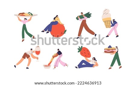 Tiny people with different huge food set. Characters holding wine, french fries, strawberry, cake, ice-cream, asparagus, apple fruit and dish. Flat vector illustrations isolated on white background