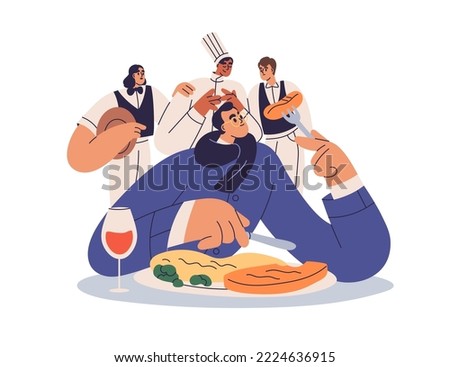 Food critic in haute cuisine restaurant. Important guest, foodie tasting dish and wine. Gourmet guide eating, estimating chef cooks meal. Flat vector illustration isolated on white background Royalty-Free Stock Photo #2224636915