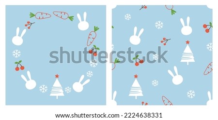 Christmas and New year seamless pattern with Christmas tree, cherry fruit, carrot, snowflakes, berry branch, and rabbit face on blue background. Christmas Wreath vector illustration.