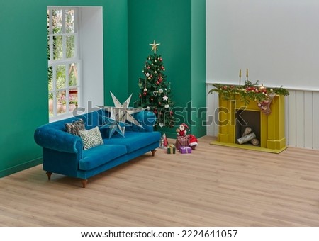 White and green wall new year Christmas style, fireplace interior concept and carpet design, sofa armchair furniture.