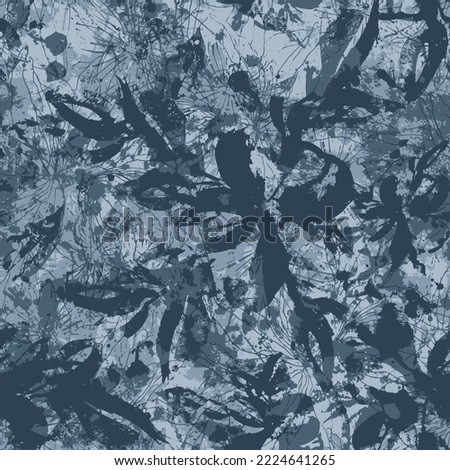 Abstract grunge blue floral camouflage. Seamless textured pattern.Modern animal skin pattern with flower shapes . Creative contemporary floral seamless pattern.